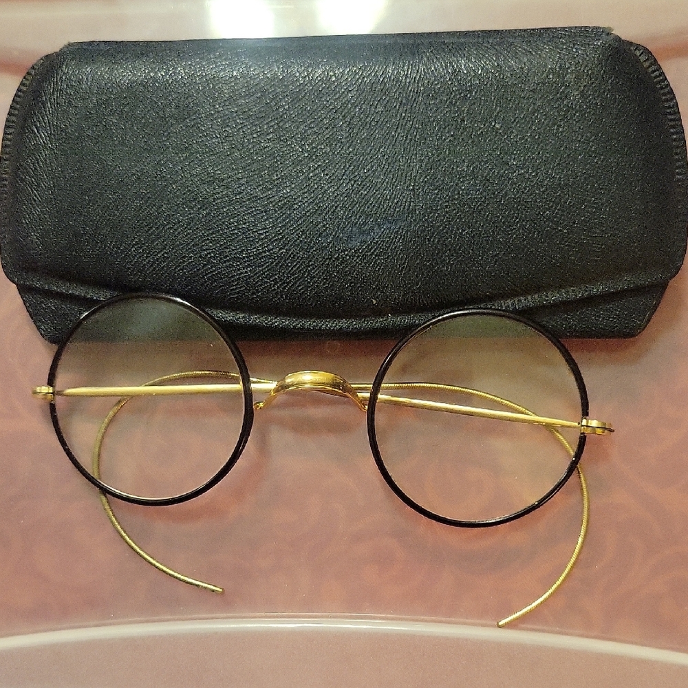 Antique 1940's Round Metal Wireframe Glasses with Black Rim and Gold Temples